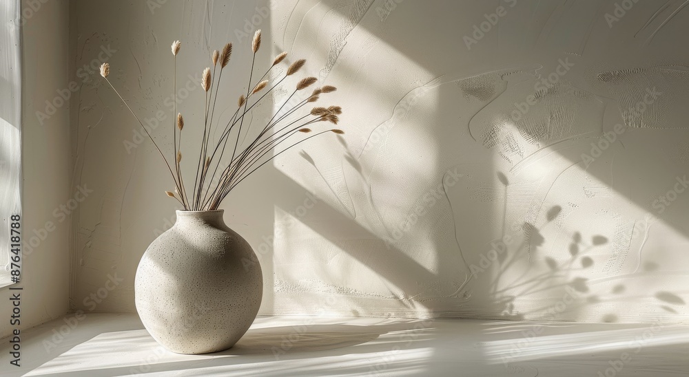 A Single Branch in a White Vase With Light Streaming Through a Window A Single Branch in a White Vase With Light Streaming Through a Window