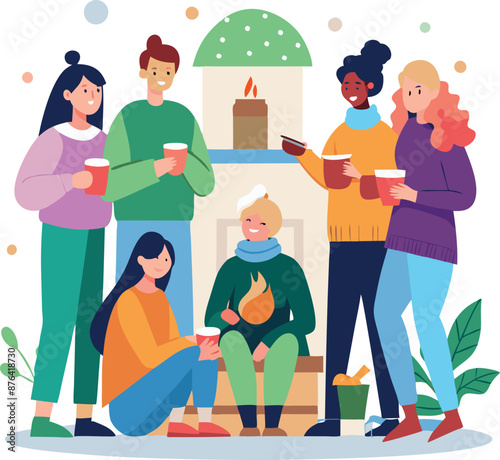 Full Body Photo of Friends Enjoying Time by the Fireplace