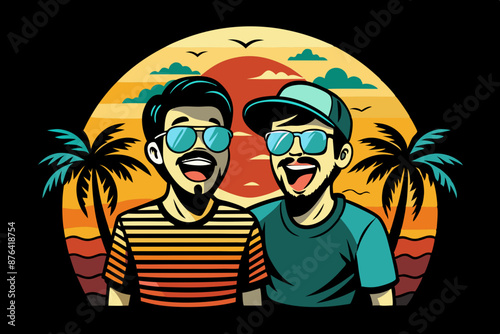 Two friends are laughing and wearing sunglasses and walking on the at the beach T-shirt design vector illustration