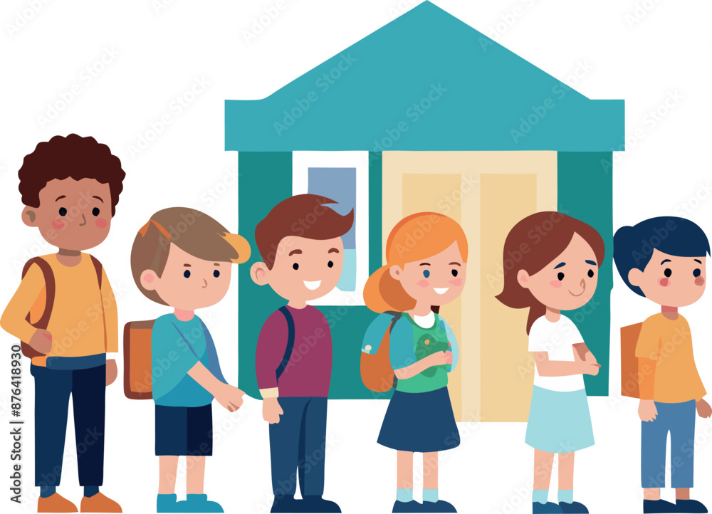 Full-Body Illustration of Children Lining Up to Enter School Full-Body Illustration of Children Lining Up to Enter School