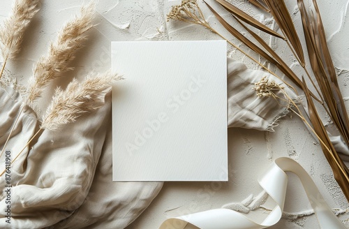 Blank White Card Mockup With Pampas Grass and Fabric