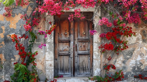 A door made of old wood in Cyprus, with beautiful bougainvillea plants adorning it.
