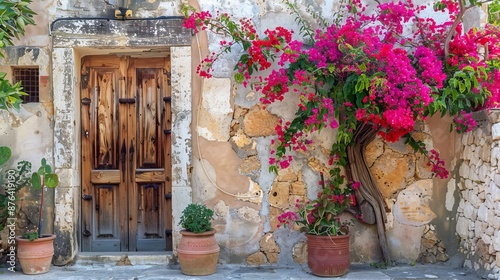A door made of old wood in Cyprus, with beautiful bougainvillea plants adorning it.