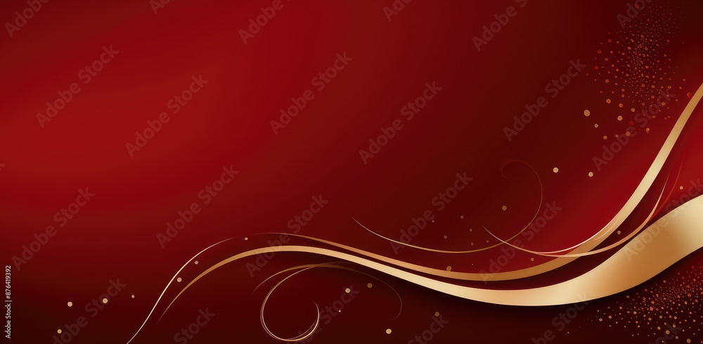 Red background with golden swirls and copy space. Vector illustration.