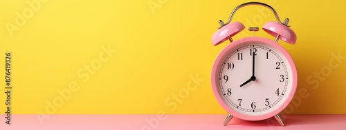 Pink alarm clock on pink and yellow background. 3d rendering.