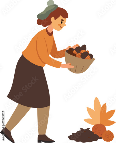 Woman Collecting Pine Cones in Autumn Illustration