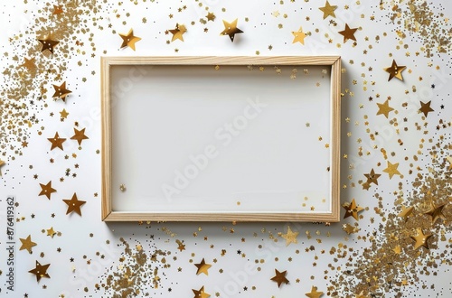 Wooden Frame Surrounded by Gold Stars and Glitter on White Background