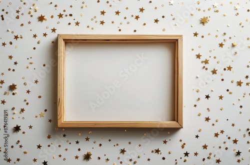 Wooden Frame Surrounded by Gold Stars and Glitter on White Background