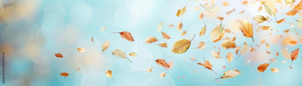 A picturesque image of autumn leaves dancing in an autumn breeze, with a clear blue sky and soft clouds in the background, creating a vibrant and dynamic scene, high detail A picturesque image of autumn leaves dancing in an autumn breeze, with a clear blue sky and soft clouds in the background, creating a vibrant and dynamic scene, high detail