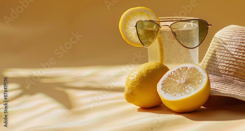 Glass of Lemonade With Lemon Slice and Sunglasses on Sandy Beach