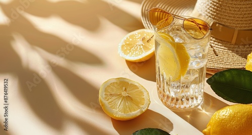 Glass of Lemonade With Lemon Slice and Sunglasses on Sandy Beach