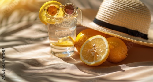 Glass of Lemonade With Lemon Slice and Sunglasses on Sandy Beach