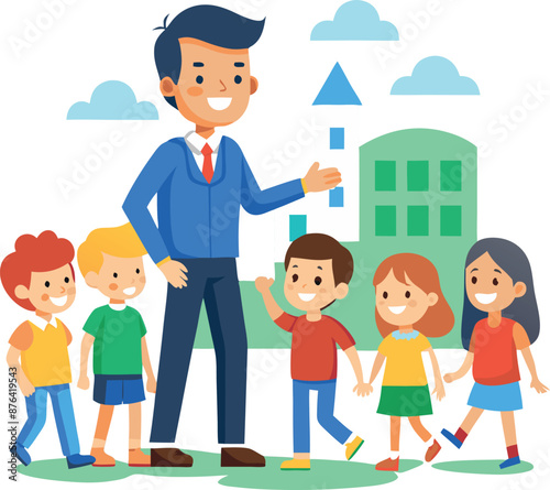 Teacher Leading A Group Of Happy Children Outside School