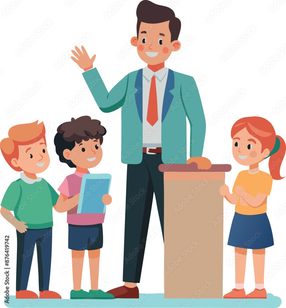 Teacher Welcoming Students With Warm Smile In Classroom Teacher Welcoming Students With Warm Smile In Classroom