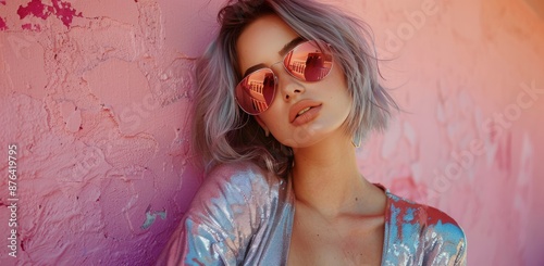 Woman With Grey Hair and Sunglasses Posing in Front of a Red Wall