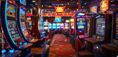 Brightly Lit Casino Slot Machines in a Row