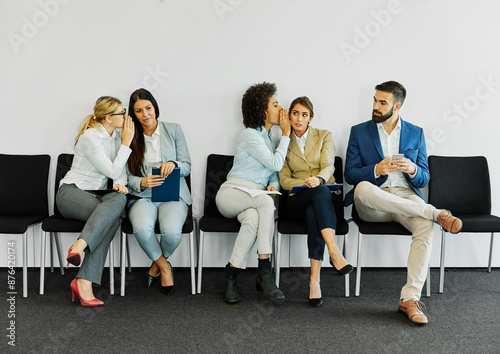 Tableau sur toile man woman businesswoman business chair sitting waiting businessman candidate rec