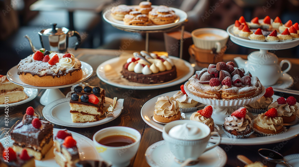 Table full of cakes, coffee Table full of cakes, coffee