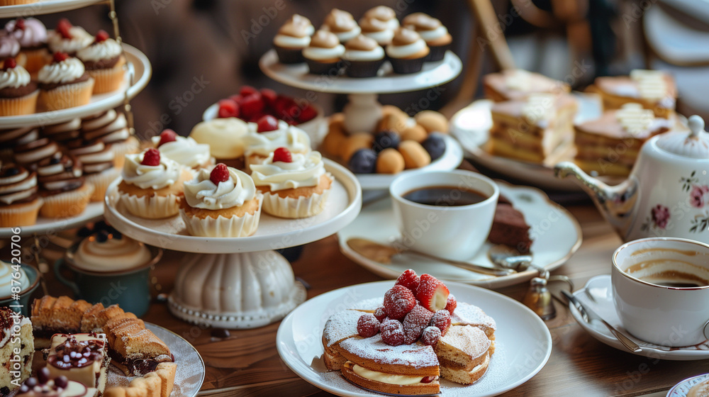 Table full of cakes, coffee Table full of cakes, coffee
