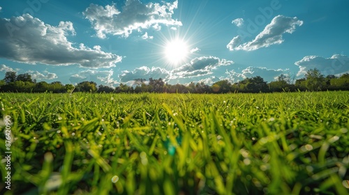 Green Grass Field With Sunny Blue Sky and White Clouds in the Summer