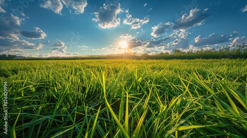Green Grass Field With Sunny Blue Sky and White Clouds in the Summer