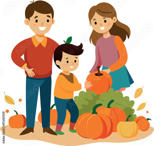 Family Picking Pumpkins in Autumn Illustration
