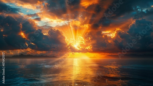 Dramatic Sunset Over the Ocean With Golden Rays of Light