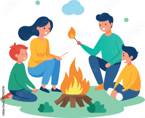 Happy Family Enjoying a Cozy Bonfire Outdoors