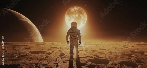 Astronaut Standing on a Martian Surface With a Full Moon in the Sky