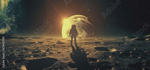 Astronaut Standing on a Martian Surface With a Full Moon in the Sky