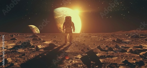 Astronaut Standing on a Martian Surface With a Full Moon in the Sky