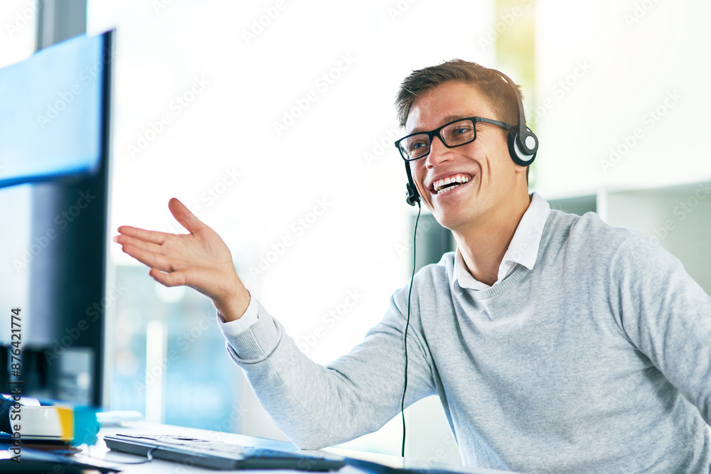 Call center, computer and smile of man in telemarketing office for lead generation or sales. Consulting, contact us and headset with happy employee in workplace for customer service or support Call center, computer and smile of man in telemarketing office for lead generation or sales. Consulting, contact us and headset with happy employee in workplace for customer service or support