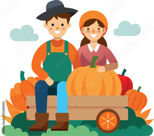 Couple Enjoying a Hayride with Pumpkins in Autumn