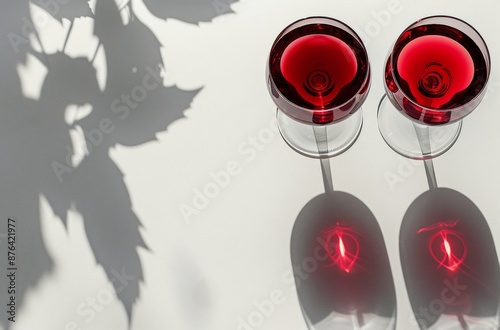 Two Glasses of Red Wine With Leaf Shadows on a White Surface