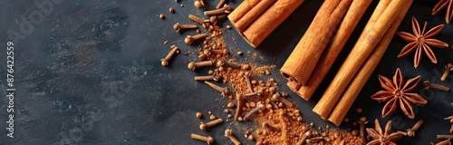 Close Up of Cinnamon Sticks and Star Anise on a Dark Surface
