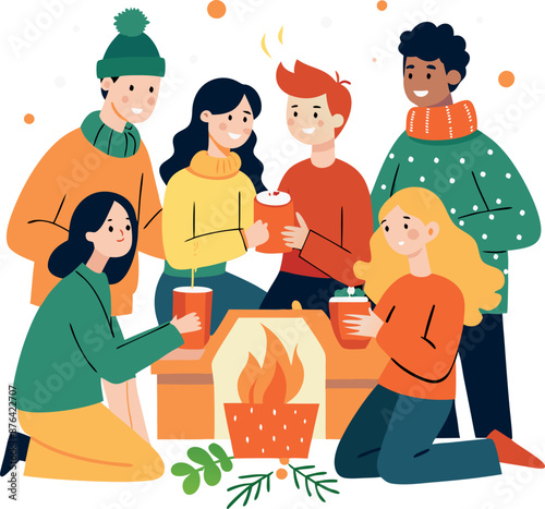 Friends Gathered Around Fireplace Drinking Hot Beverages