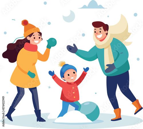 Family Enjoying A Snowball Fight In A Snowy Yard