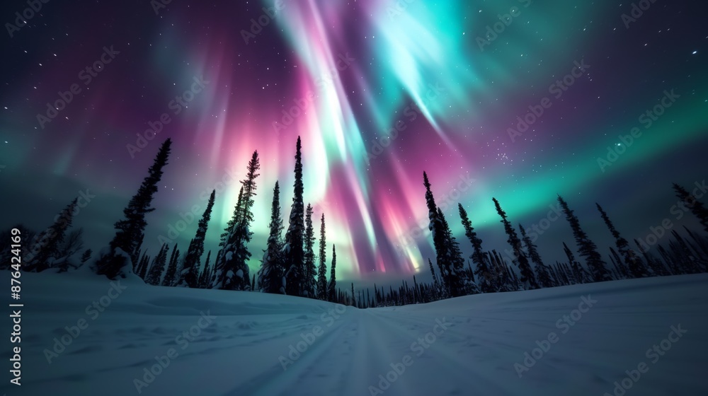 Green and pink aurora borealis illuminate the night sky above a snow-covered forest in Alaska Green and pink aurora borealis illuminate the night sky above a snow-covered forest in Alaska
