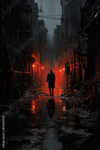 A dimly lit alleyway with shadowy figures lurking in the darkness, hinting at the underground dealings of the criminal underworld