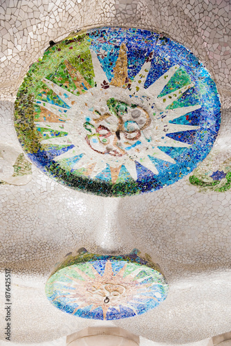 Tile-shard mosaics on the ceiling of Hypostyle Room at Park Guell, Barcelona in Spain photo