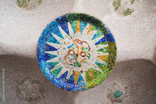 Tile-shard mosaics on the ceiling of Hypostyle Room at Park Guell, Barcelona in Spain photo