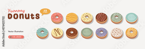 Colorful donuts. Donuts illustration. Desert illustration. Bakery set illustration. Donuts collection.