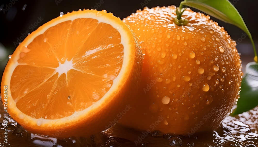 Whole and Sliced Fresh Orange with Water Droplets Whole and Sliced Fresh Orange with Water Droplets