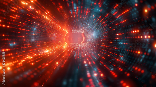 Abstract glowing tunnel with neon lights in a futuristic digital cyberspace filled with data