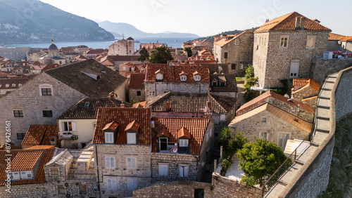 Aerial drone view of Dubrovnik old town city walls photo