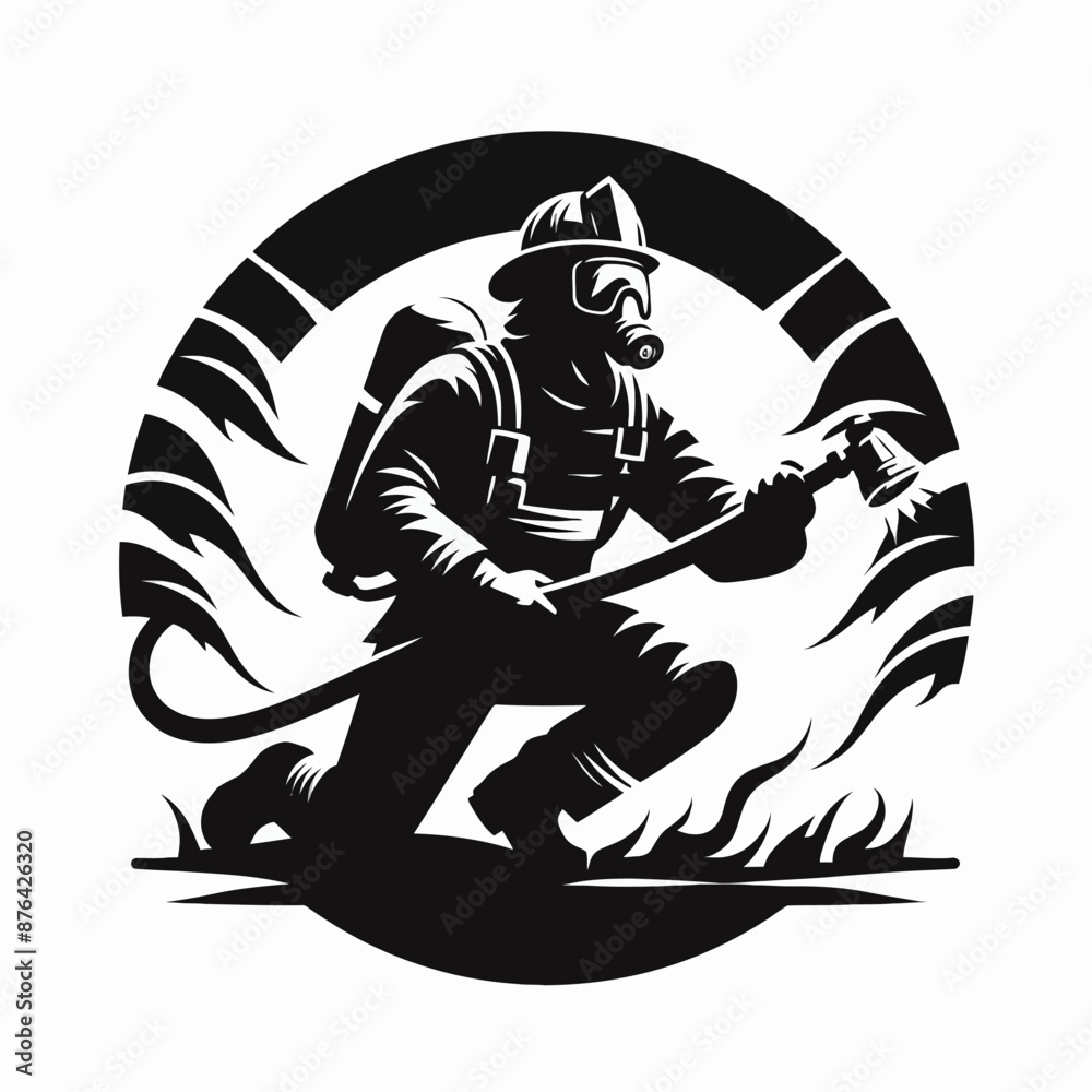 Firefighter in Action Logo Icon Silhouette in Vector Style on White Background Firefighter in Action Logo Icon Silhouette in Vector Style on White Background