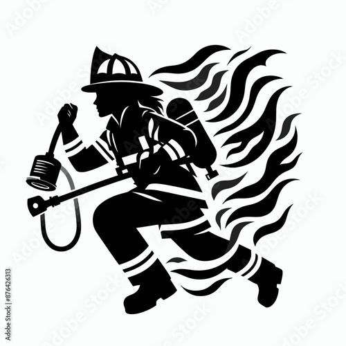 Firefighter in Action Logo Icon Silhouette in Vector Style on White Background