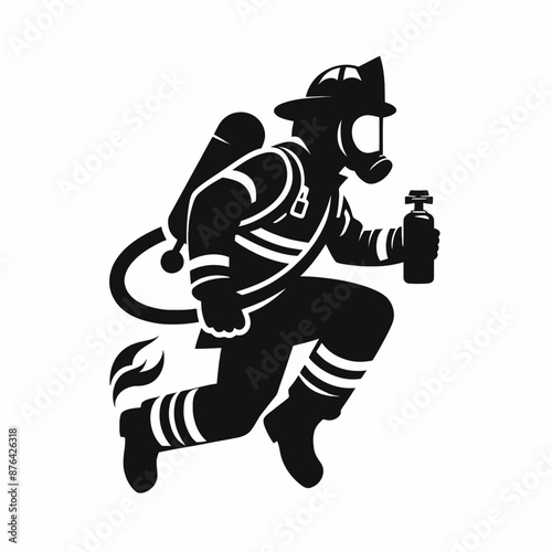 Firefighter in Action Logo Icon Silhouette in Vector Style on White Background