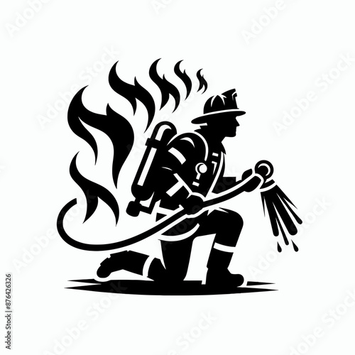 Firefighter in Action Logo Icon Silhouette in Vector Style on White Background
