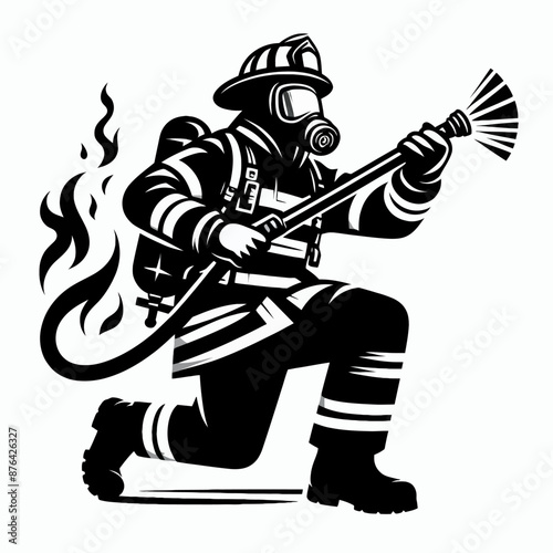 Firefighter in Action Logo Icon Silhouette in Vector Style on White Background